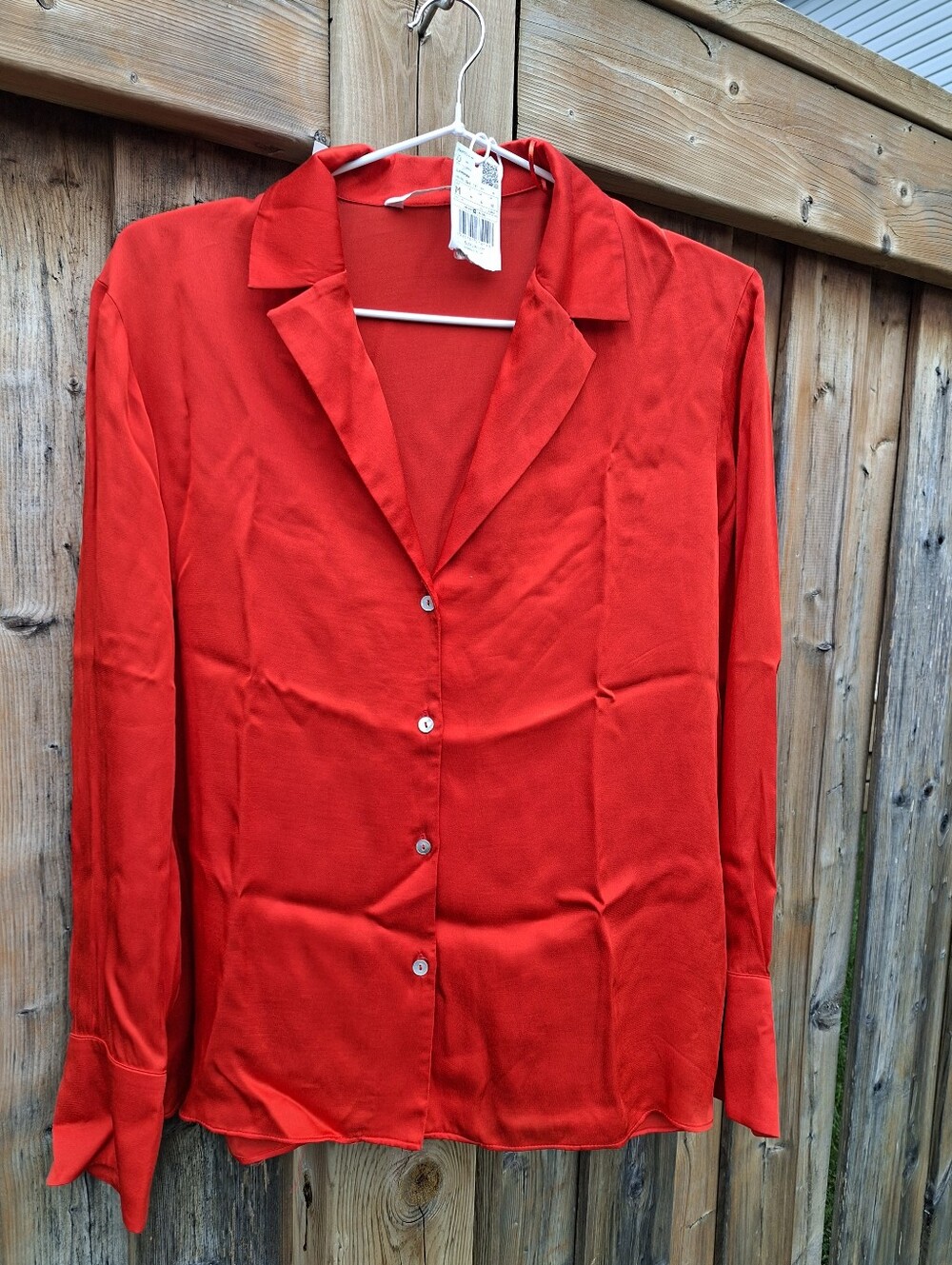 NWT MANGO Satin Blouse Orange Rust Long Sleeve Lapel Button Up Shirt Top Women M